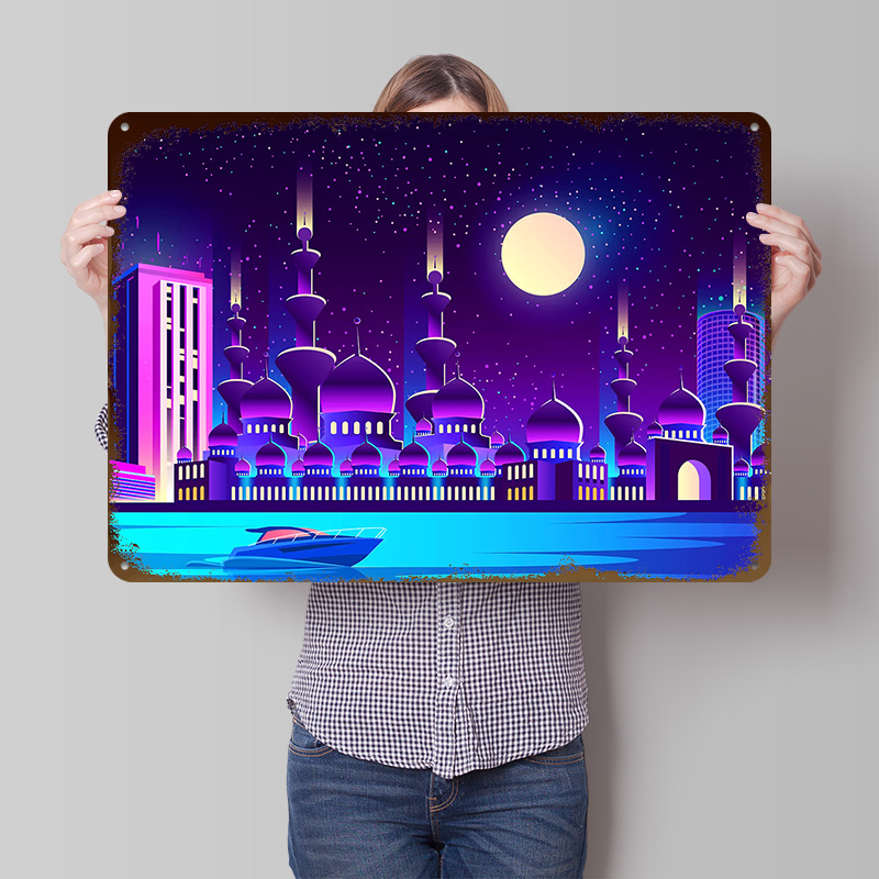 Home Office Dubai - Synthwave Neon Şehir Dubai Metal Posteri