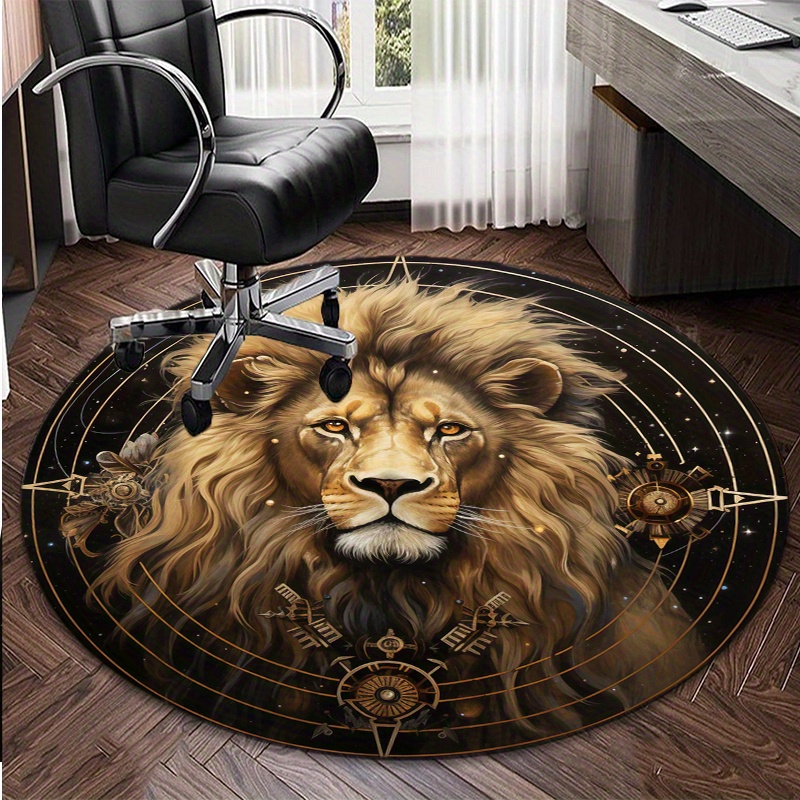Home Office Rug - Aslan Desenli Yuvarlak Alan Halısı, Kaymaz