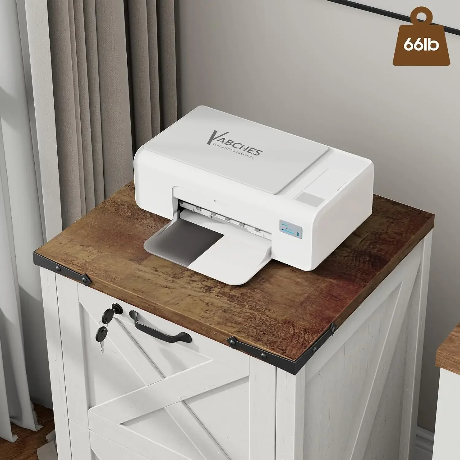 Home Office With Two Desks - Beyaz Kilitli Ahşap İki Çekmeceli Dikey
