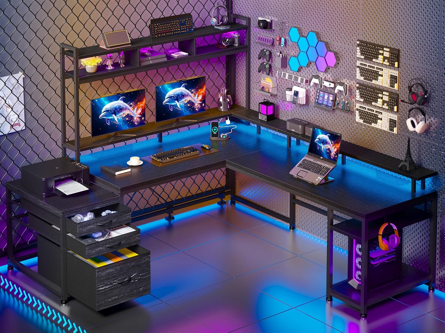 64x59 İnç L Şeklinde, Raflı ve - Home Office With Two Desks incelemesi ve fiyatı