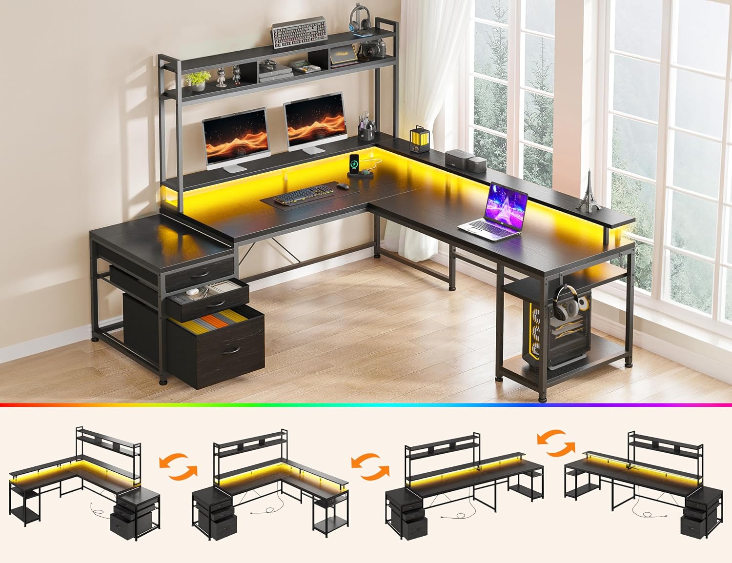 64x59 İnç L Şeklinde, Raflı ve - Home Office With Two Desks incelemesi ve fiyatı